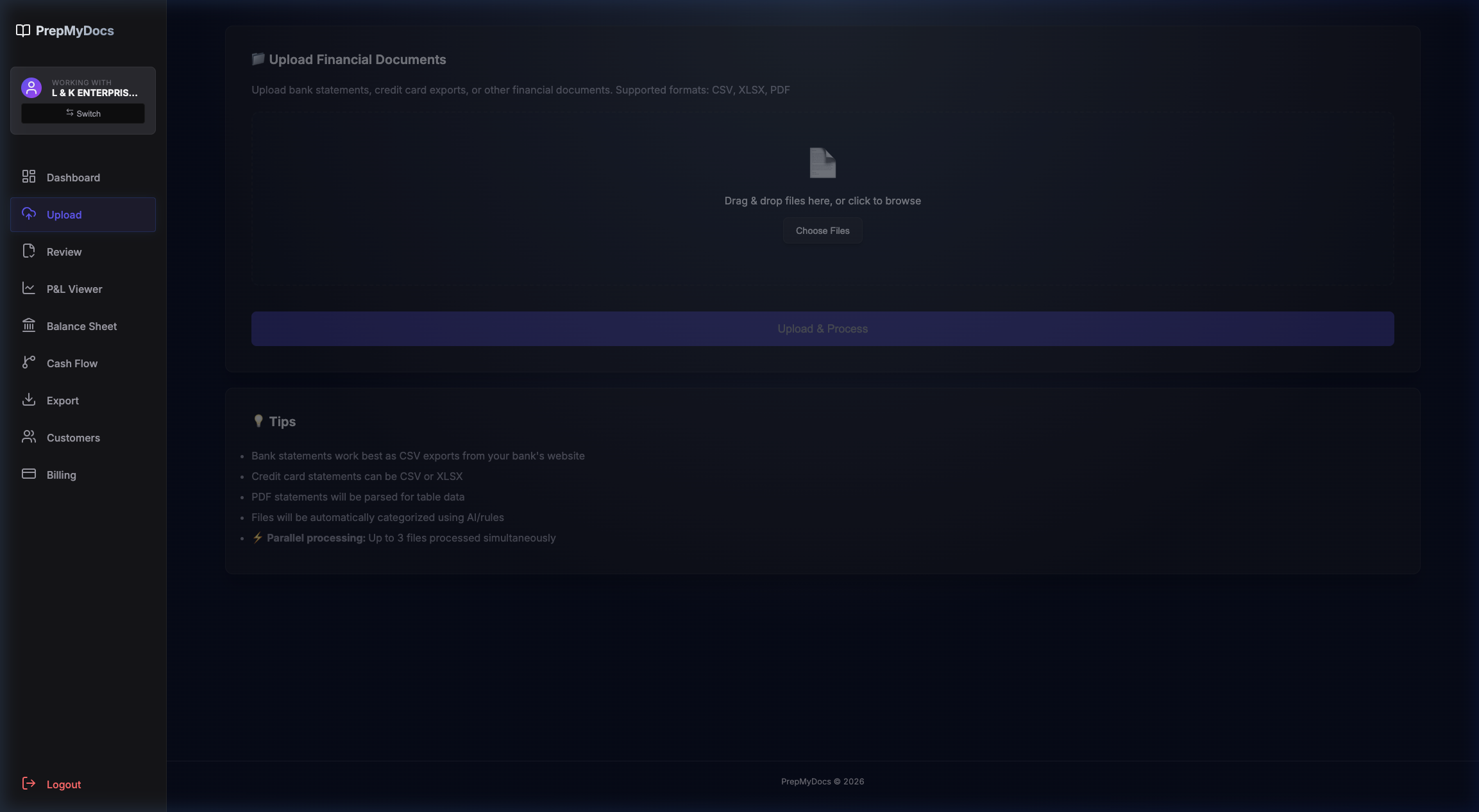 PrepMyDocs upload page with bank statement files queued for processing